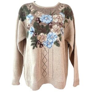 JANTZEN Vtg 90s Hand Embroidered 3D Knit Floral Cottagecore Sweater Size M
